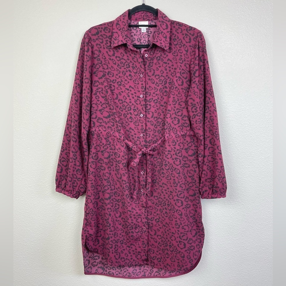 A New Day Women's Medium Long Sleeve Shirt Dress Animal Print Red Office Career